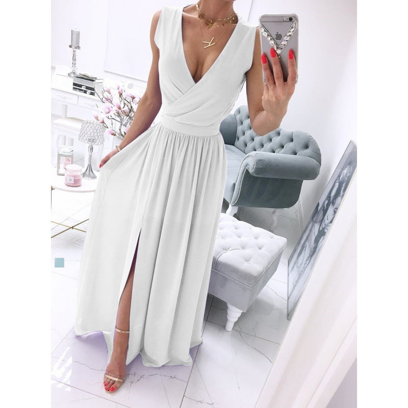 Women's Summer Sleeveless And Ankle Skirt Solid Color V-neck Front Split Long Dress iTouch Exclusive Boutique