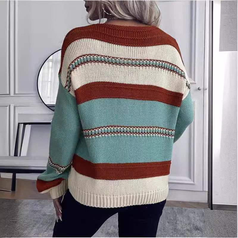 Women's V-neck Casual Loose Contrast Color Striped Pullover