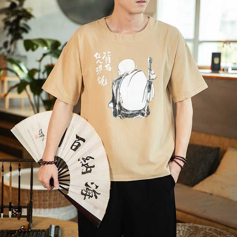 Cotton printed short-sleeved men's plus size loose fat