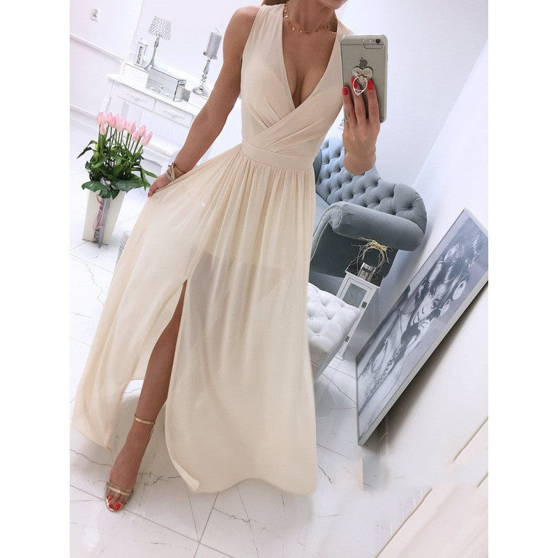 Women's Summer Sleeveless And Ankle Skirt Solid Color V-neck Front Split Long Dress iTouch Exclusive Boutique