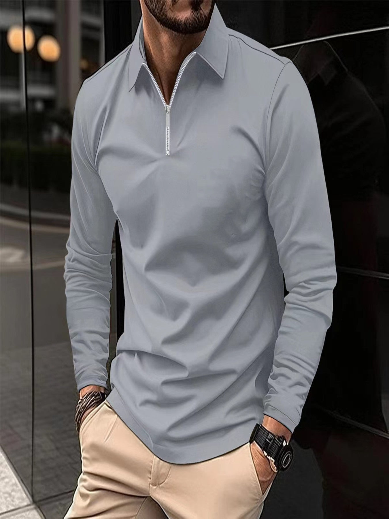 Zipper Men's Solid Color Long Sleeve Sports Polo Shirt iTouch Exclusive Boutique