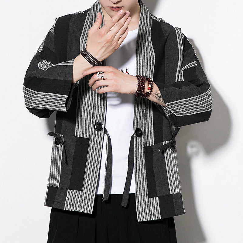 Chinese Style Summer Men's Striped Cotton Linen Vintage Cardigan