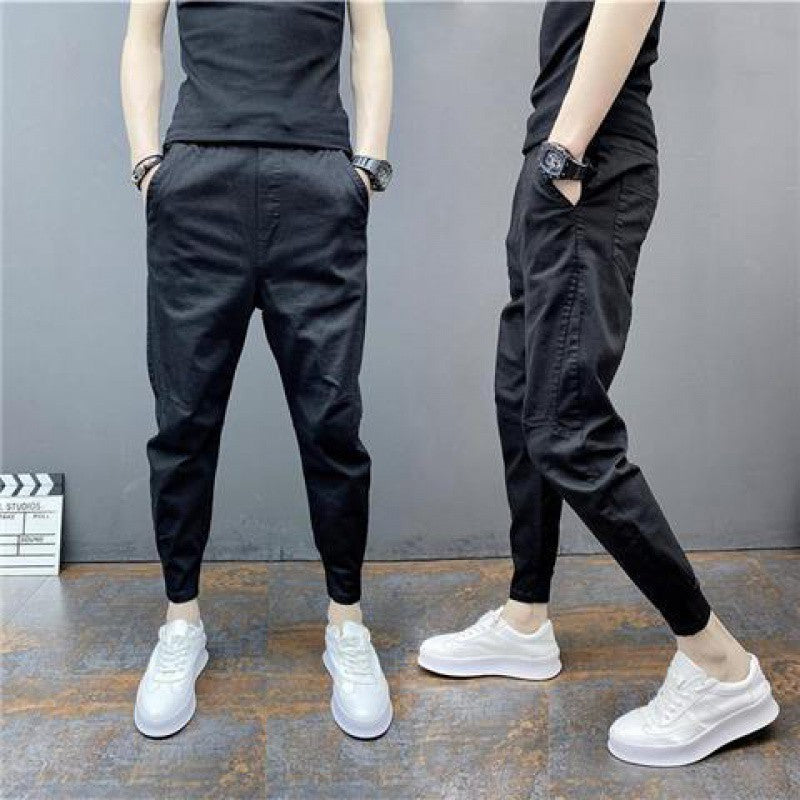 Slim-fitting Ankle Length Trousers Solid Color Elastic Ankle-tied Harem Pants