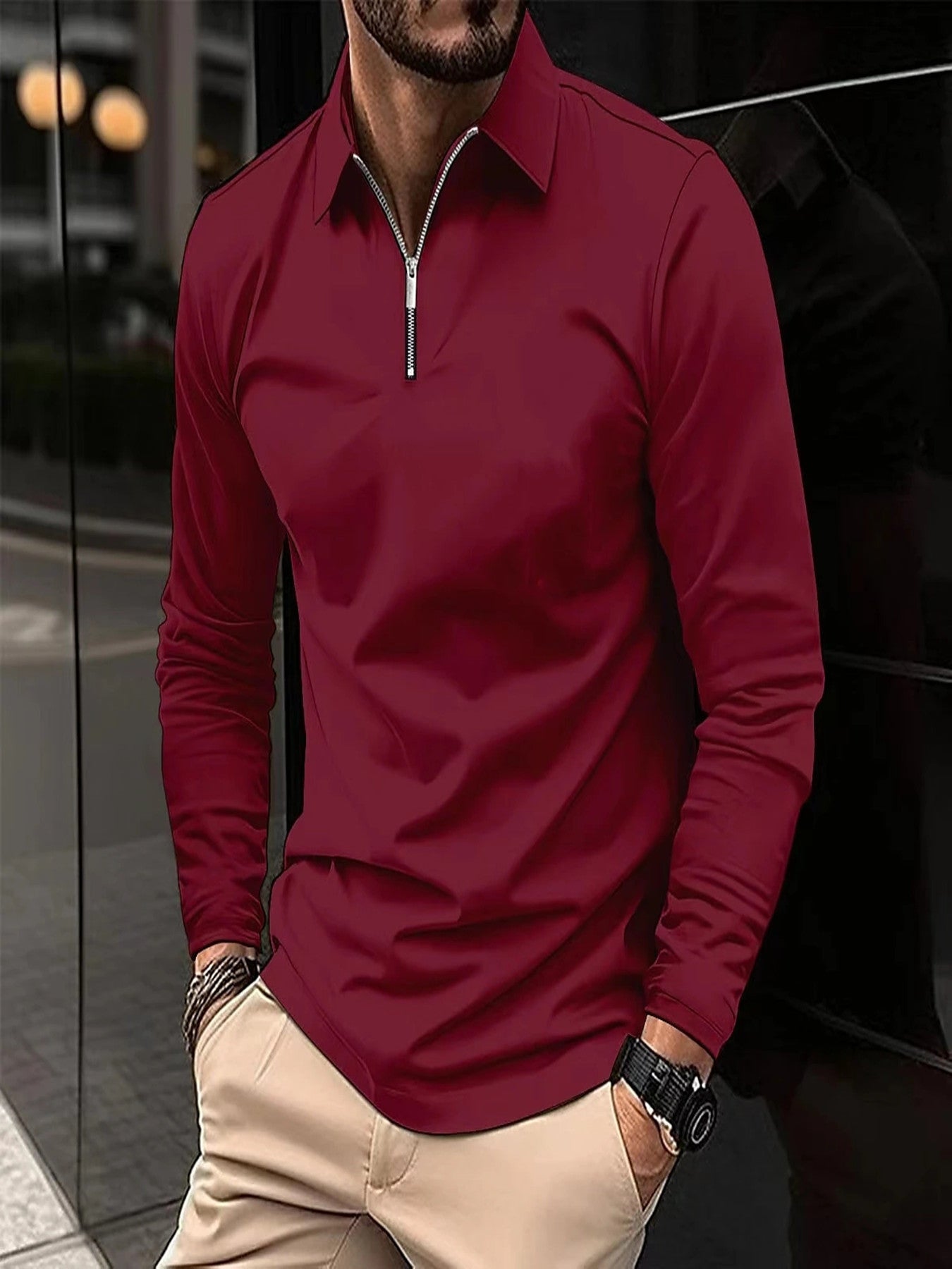 Zipper Men's Solid Color Long Sleeve Sports Polo Shirt iTouch Exclusive Boutique