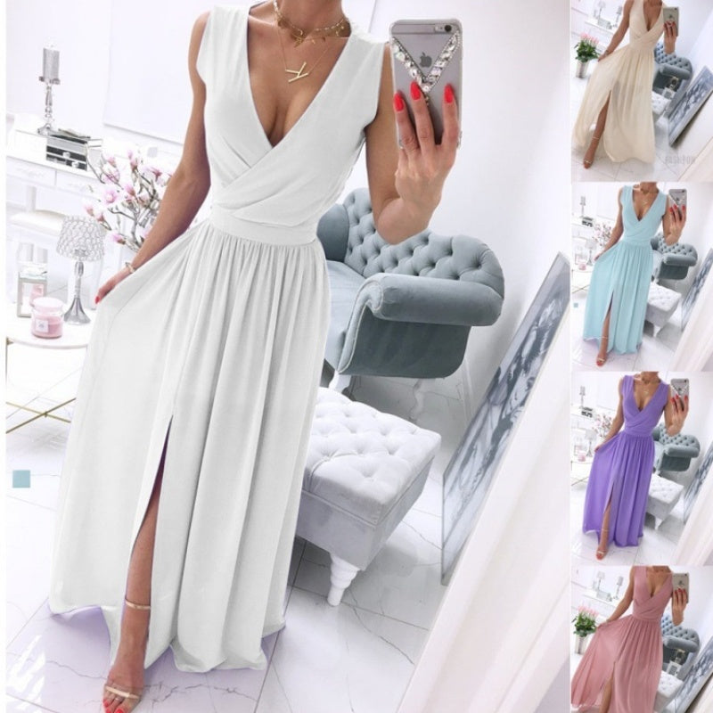 Women's Summer Sleeveless And Ankle Skirt Solid Color V-neck Front Split Long Dress iTouch Exclusive Boutique