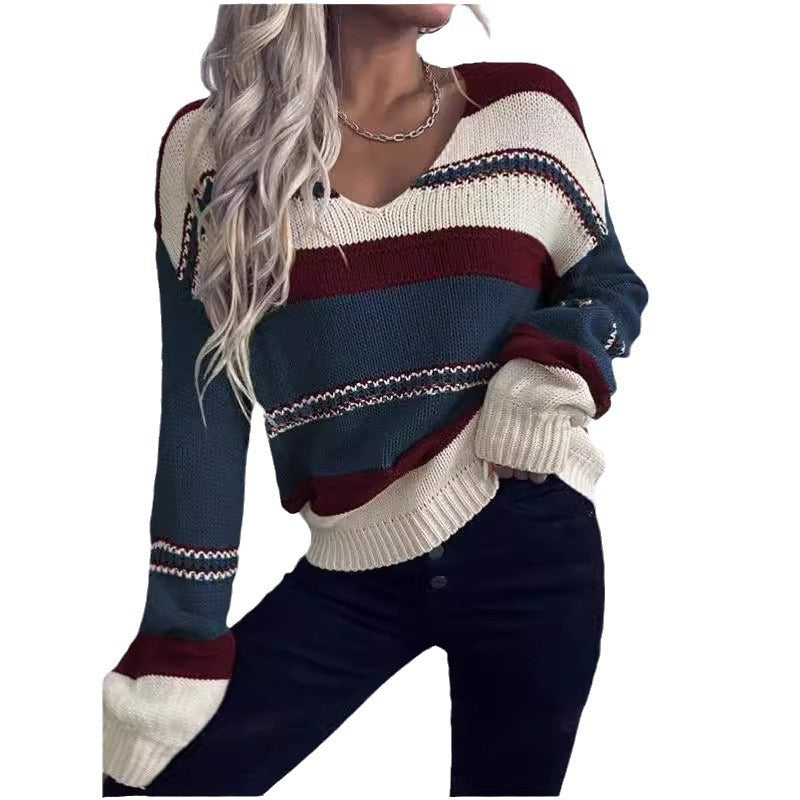 Women's V-neck Casual Loose Contrast Color Striped Pullover