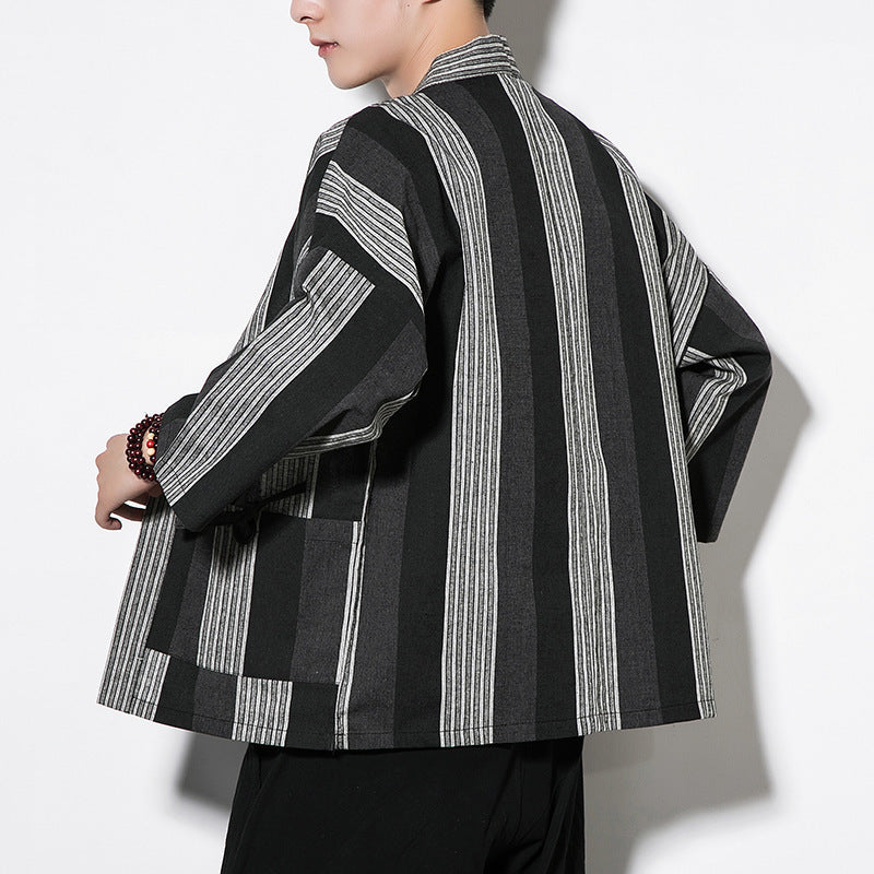 Chinese Style Summer Men's Striped Cotton Linen Vintage Cardigan