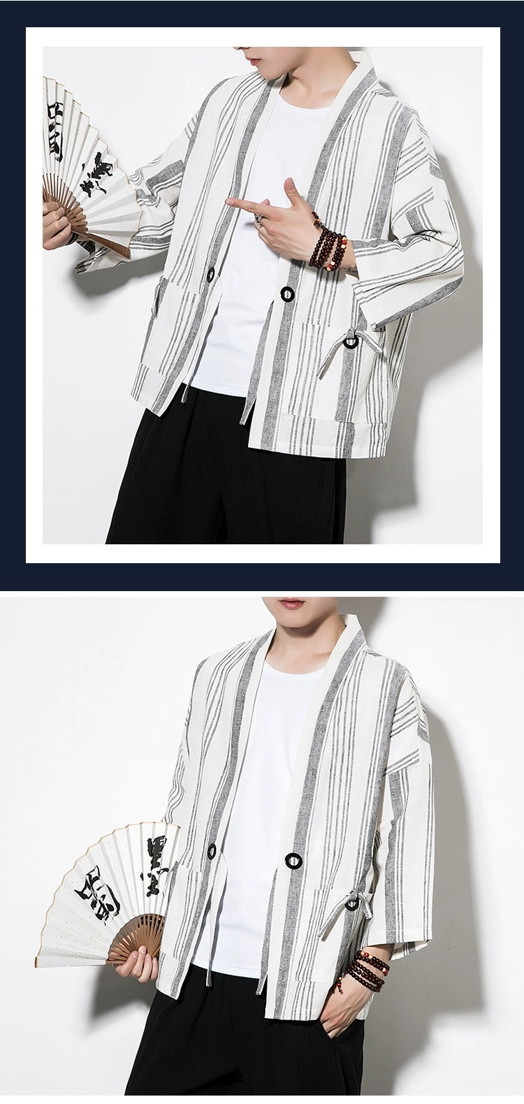 Chinese Style Summer Men's Striped Cotton Linen Vintage Cardigan