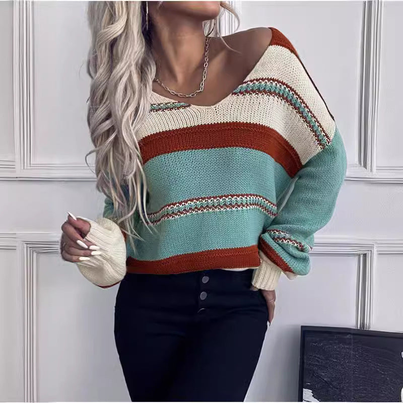 Women's V-neck Casual Loose Contrast Color Striped Pullover