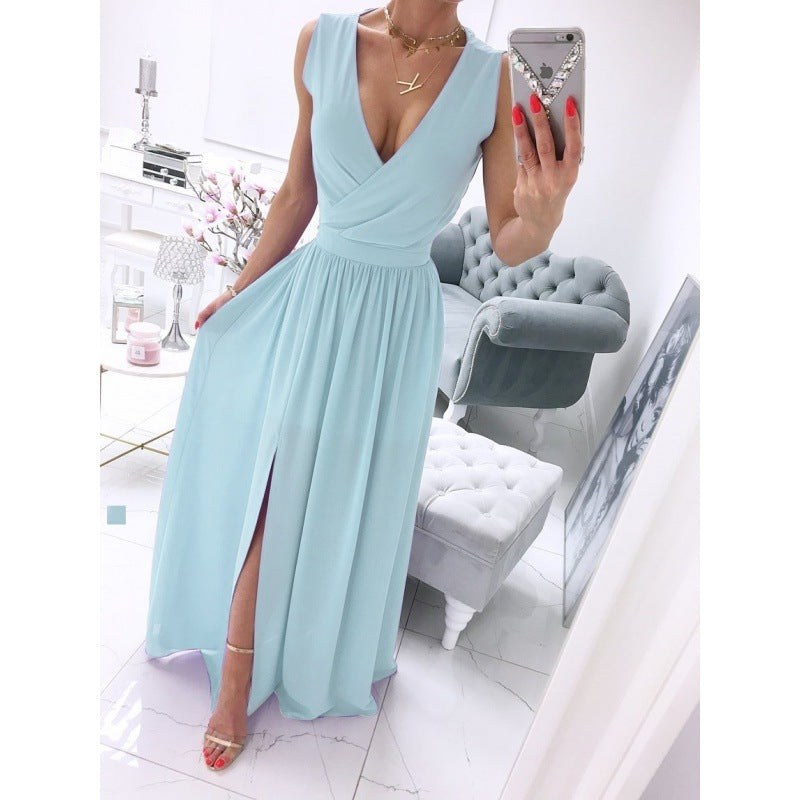 Women's Summer Sleeveless And Ankle Skirt Solid Color V-neck Front Split Long Dress iTouch Exclusive Boutique