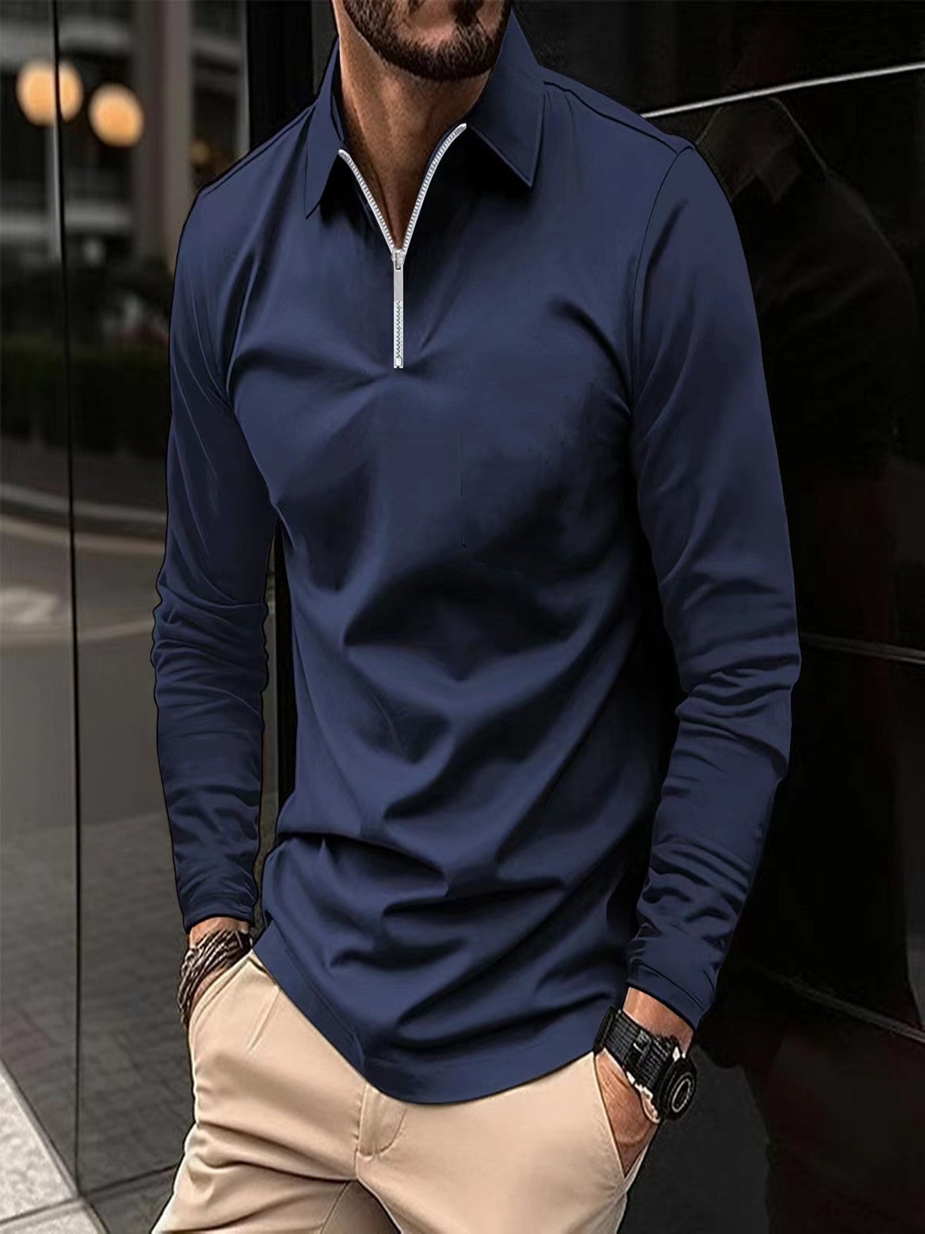 Zipper Men's Solid Color Long Sleeve Sports Polo Shirt iTouch Exclusive Boutique