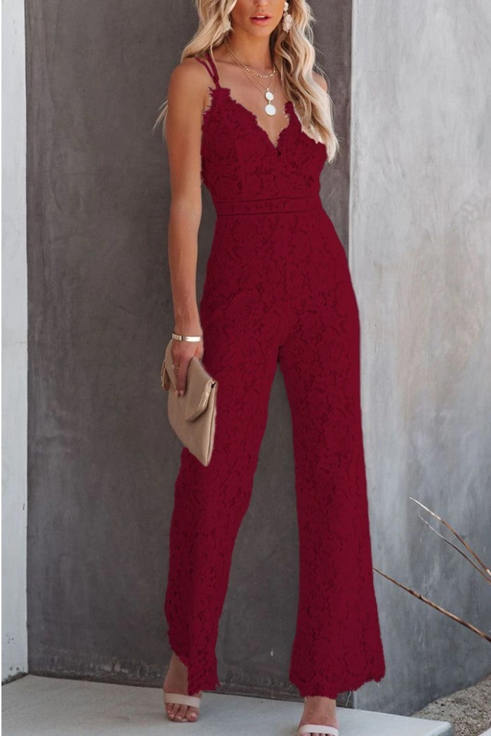 Solid Color Lace Stitching Sleeveless Casual Suspender Jumpsuit iTouch Exclusive Boutique