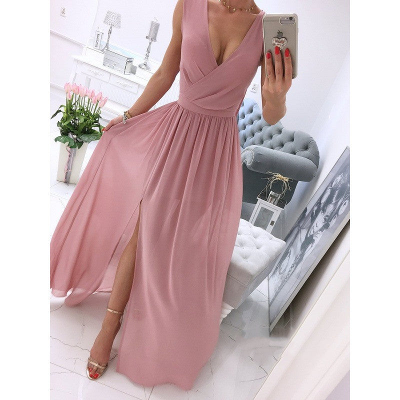 Women's Summer Sleeveless And Ankle Skirt Solid Color V-neck Front Split Long Dress iTouch Exclusive Boutique