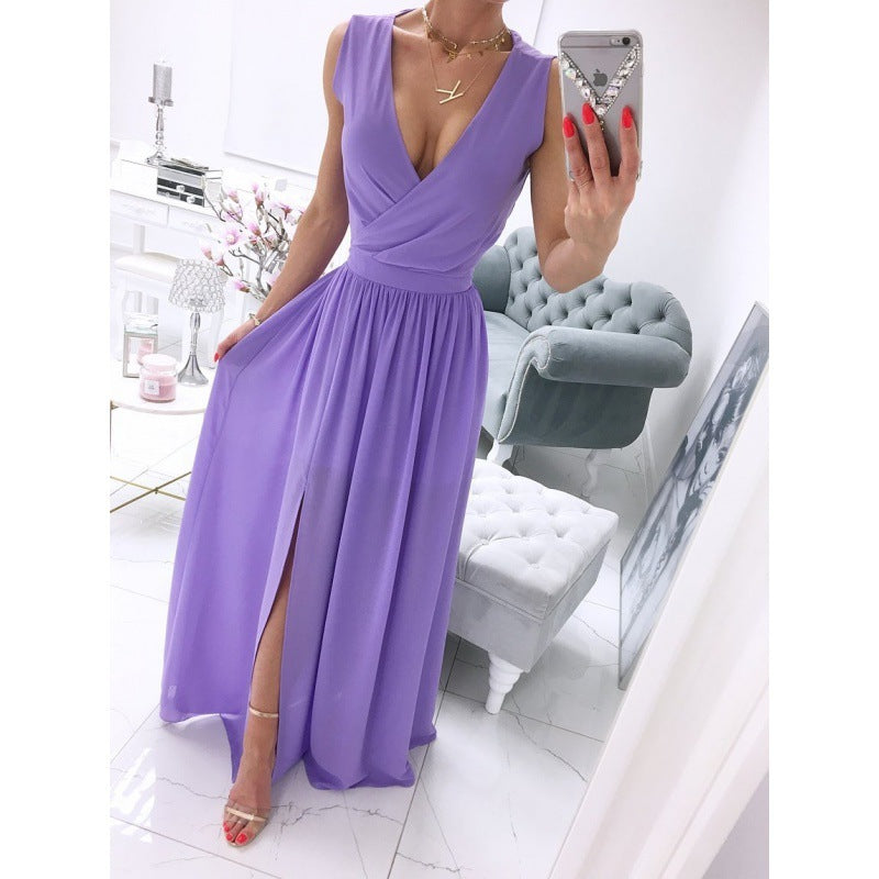 Women's Summer Sleeveless And Ankle Skirt Solid Color V-neck Front Split Long Dress iTouch Exclusive Boutique