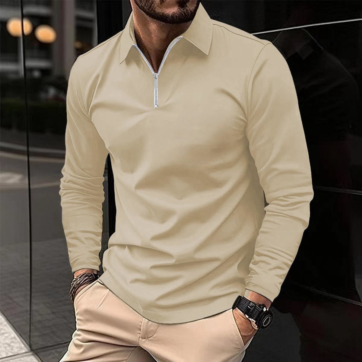 Zipper Men's Solid Color Long Sleeve Sports Polo Shirt iTouch Exclusive Boutique