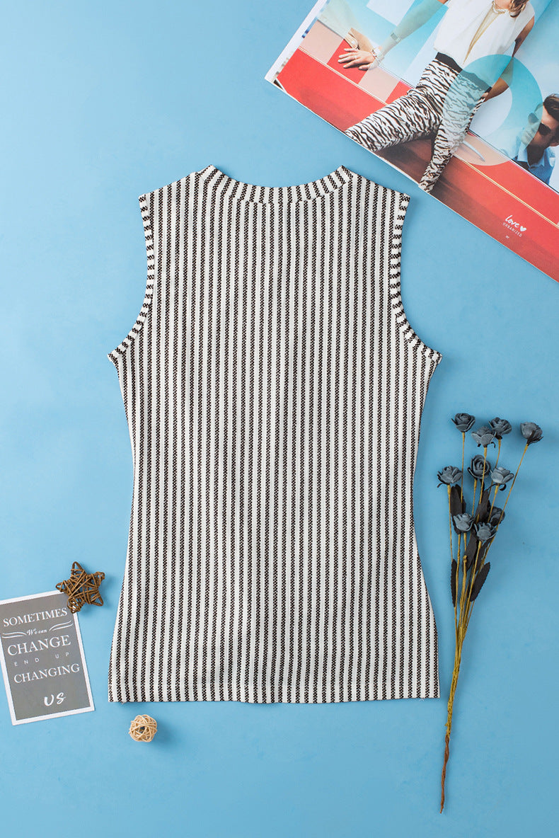 Women's Round Neck Sleeveless Hollow-out Striped Printed Vest
