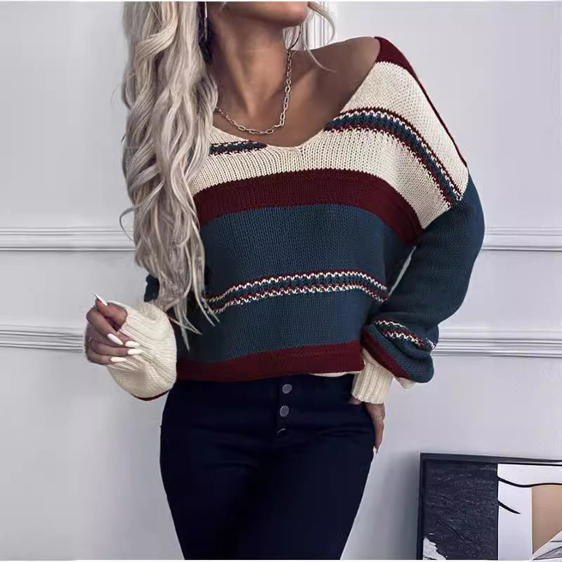 Women's V-neck Casual Loose Contrast Color Striped Pullover