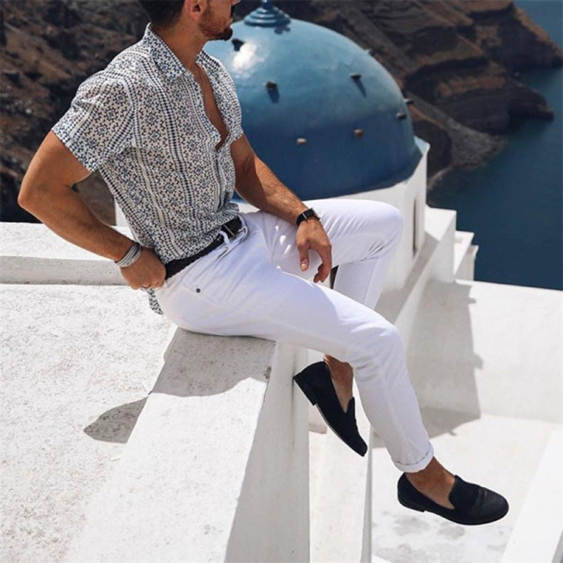 Men's short sleeve printed fashion casual cardigan shirt