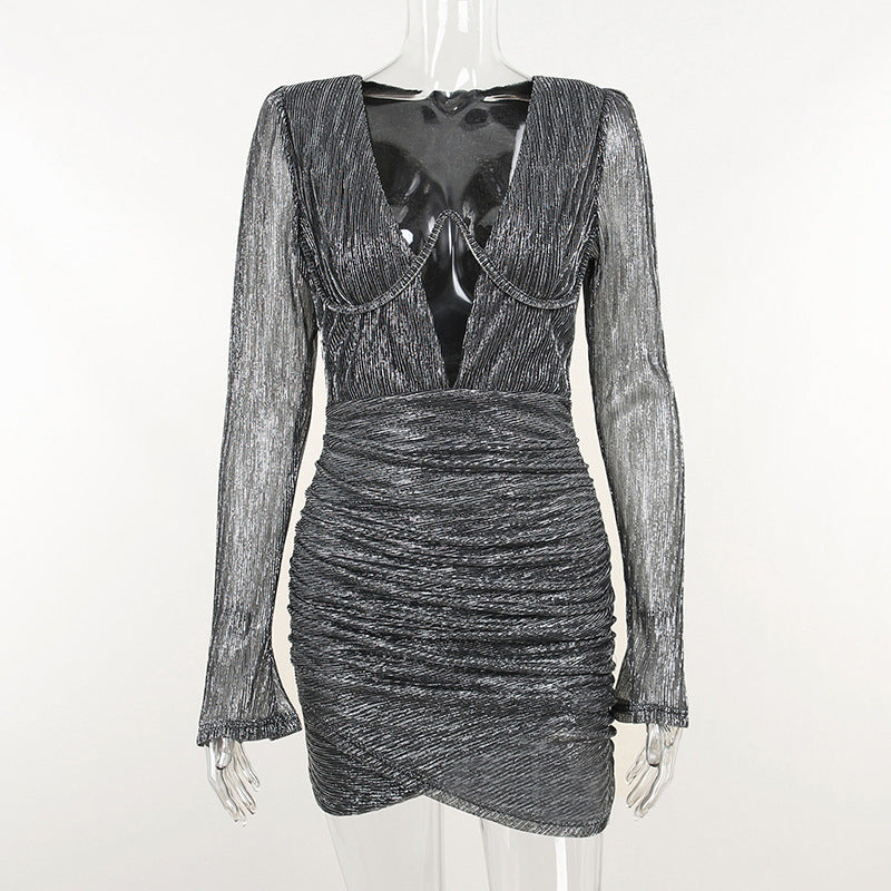 Deep V-neck Underwire Shoulder Pads Pleated Long-sleeved Sheath Dress