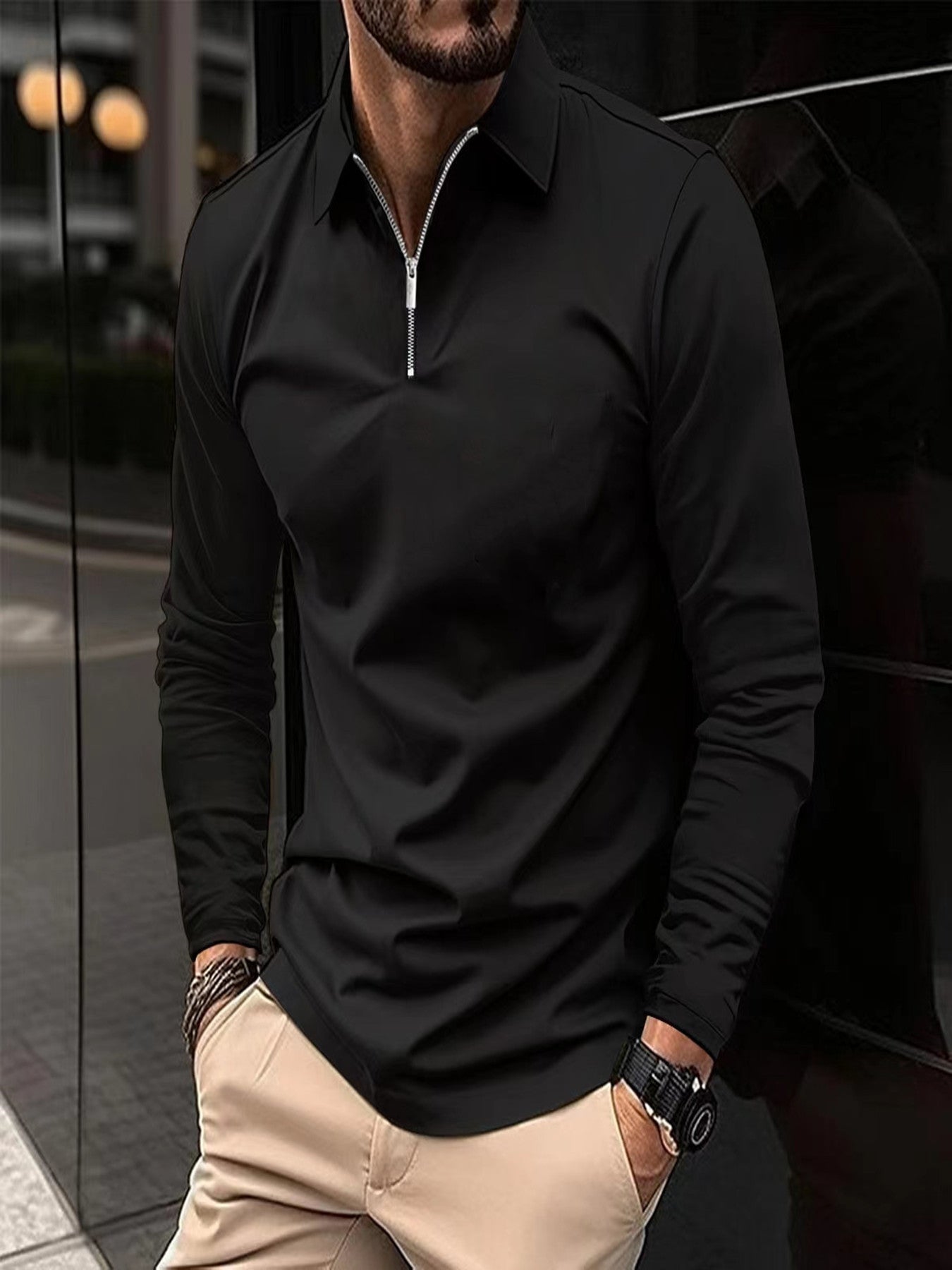 Zipper Men's Solid Color Long Sleeve Sports Polo Shirt iTouch Exclusive Boutique