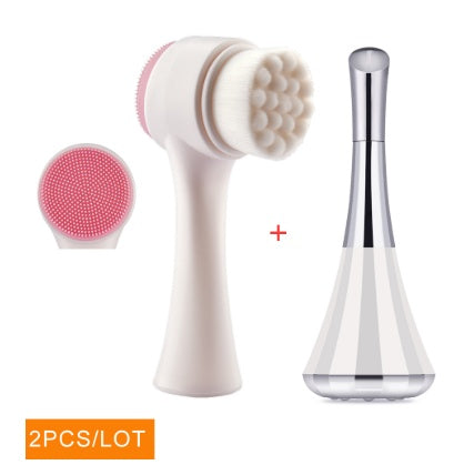 2pcs Double Sided Face Brush Clean Electric Silicone Exfoliating Blackhead Removal + Microcurrents Importer Beauty Tool for Face