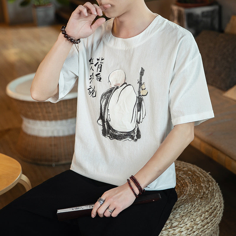 Cotton printed short-sleeved men's plus size loose fat