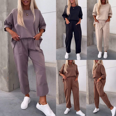 Two-piece Solid Color Round Neck Cropped Pants Set itouch exclusive botique
