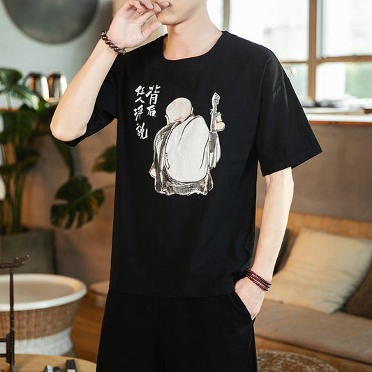Cotton printed short-sleeved men's plus size loose fat