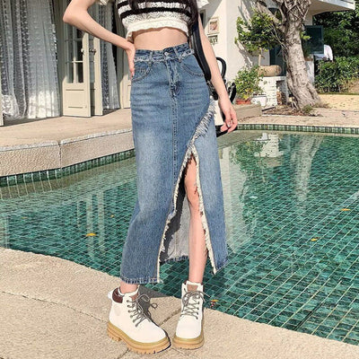 Irregular Denim Skirt For Women With Split Edges, Niche Design, Black And Gray High Waist Straight Medium Length Hip Skirt For Summer itouch exclusive botique