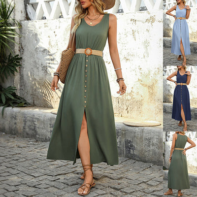 Summer Round-neck Sleeveless Split Dress With Button Design Fashion Solid Beach Long Dresses For Women Clothing itouch exclusive botique