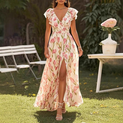 Short Sleeve V-neck Split Digital Printing Dress itouch exclusive botique