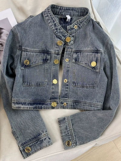 Design American Sweet Retro Personality Gold Button Short Denim Jacket For Women itouch exclusive botique