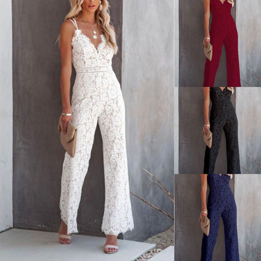 Solid Color Lace Stitching Sleeveless Casual Suspender Jumpsuit iTouch Exclusive Boutique