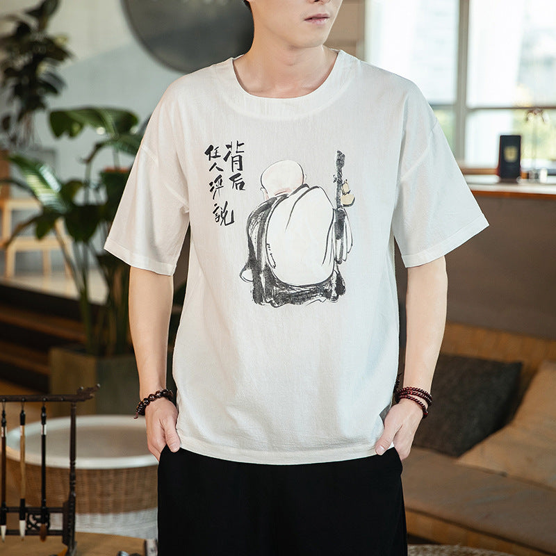 Cotton printed short-sleeved men's plus size loose fat