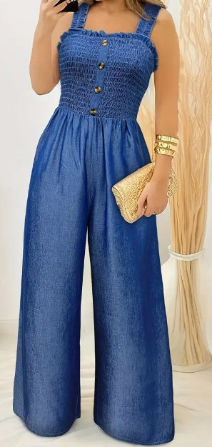 Stylish Ruched Jumpsuit - Sleeveless, Shirred, Wide Leg, Solid Color, Button Decor, Casual, Spring & Summer Essential - Women's Fashion Clothing For Warm Weather iTouch Exclusive Boutique