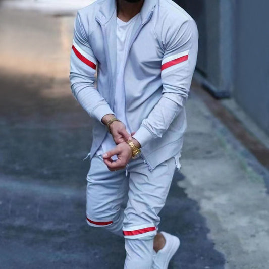 Men's Slim-fit Sports Long-sleeved Cardigan Sweater Color Matching Fashion Casual Trousers Suit
