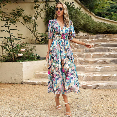 Elegant Summer Floral Print Dress With Deep V-neck Design And Waist Tie itouch exclusive botique
