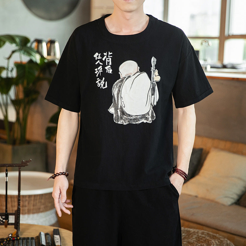 Cotton printed short-sleeved men's plus size loose fat