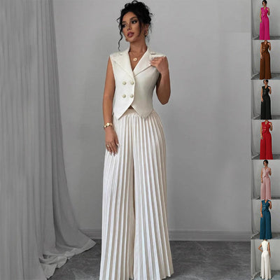 Summer Sleeveless Suit Fashion Lapel Button Vest Top And Pleated Straight Pants Women's Trousers Set Clothing itouch exclusive botique