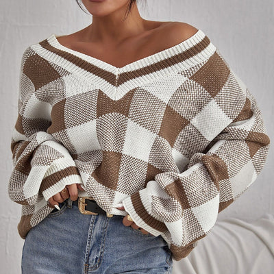 Color-contrast Check Sweater Pullover Loose itouch exclusive botique