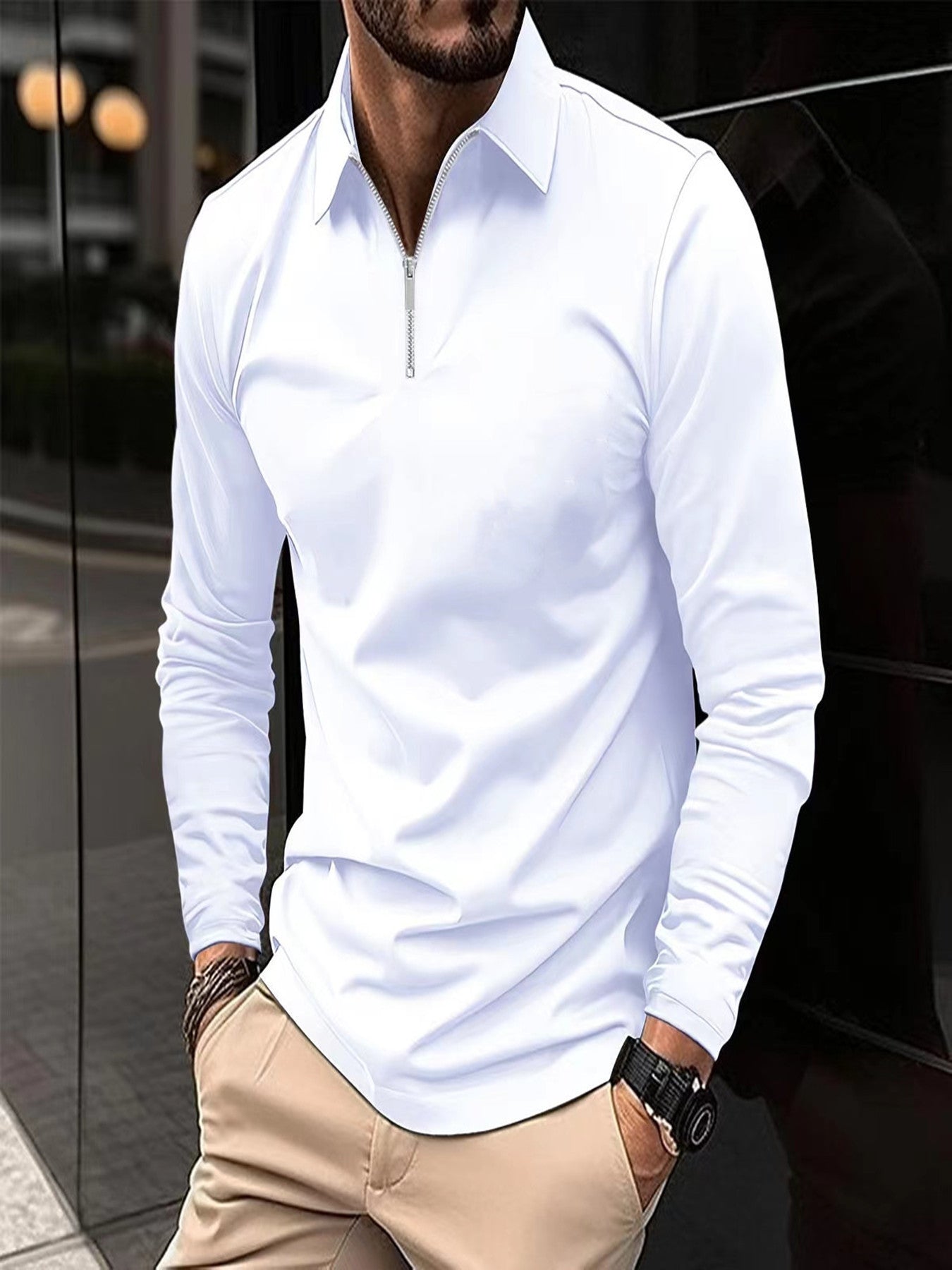 Zipper Men's Solid Color Long Sleeve Sports Polo Shirt iTouch Exclusive Boutique