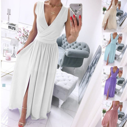 Women's Summer Sleeveless And Ankle Skirt Solid Color V-neck Front Split Long Dress iTouch Exclusive Boutique