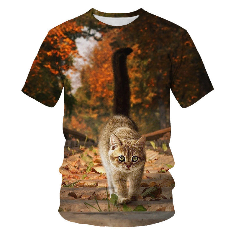 Digital Print Short Sleeve Cute Cat Men's T-shirt
