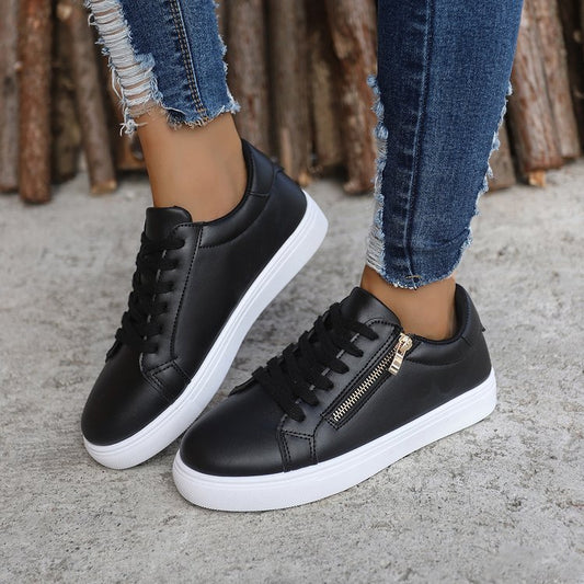 Women's Versatile Leather Side Zipper Casual Sports Shoes