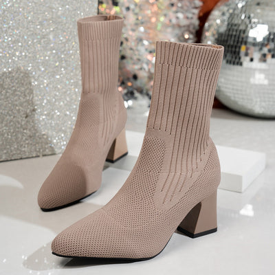 Chunky Heel Pointed Toe Stretch Socks Single Layer Boots itouch exclusive botique