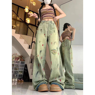 High Waist Painted Raw Edge Ripped Wide Leg Jeans For Women Loose Drape Straight Floor-length Trousers itouch exclusive botique