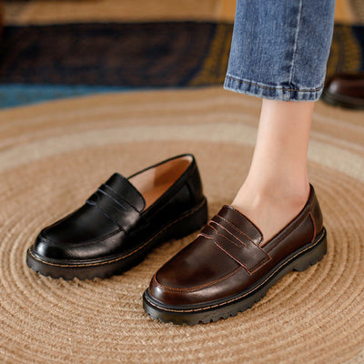 Round Head Thick Low Heel Leather Shoes Women itouch exclusive botique