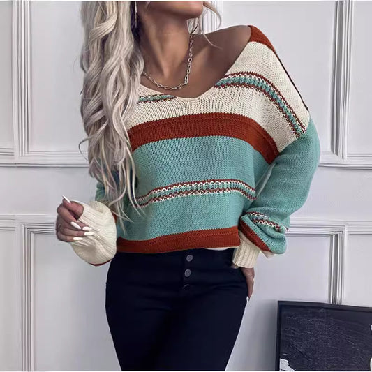 Women's V-neck Casual Loose Contrast Color Striped Pullover