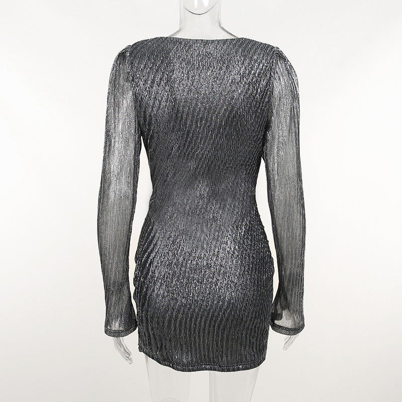 Deep V-neck Underwire Shoulder Pads Pleated Long-sleeved Sheath Dress
