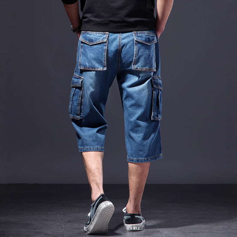 Summer Thin Loose Multi-pocket Workwear Cropped Pants Casual Jeans